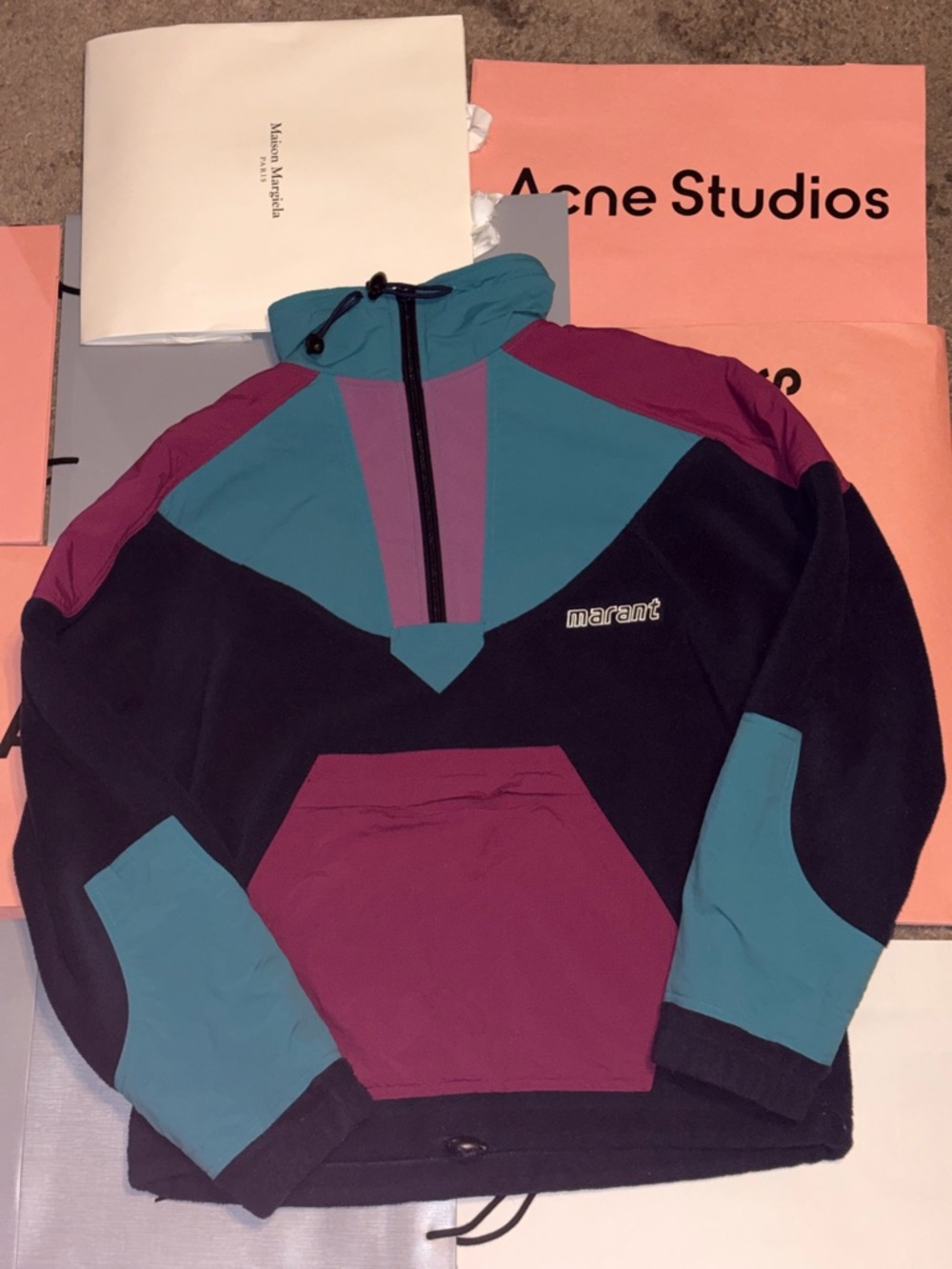 Isabel Marant Teal & Plum Hooded Pullover with Black Trim